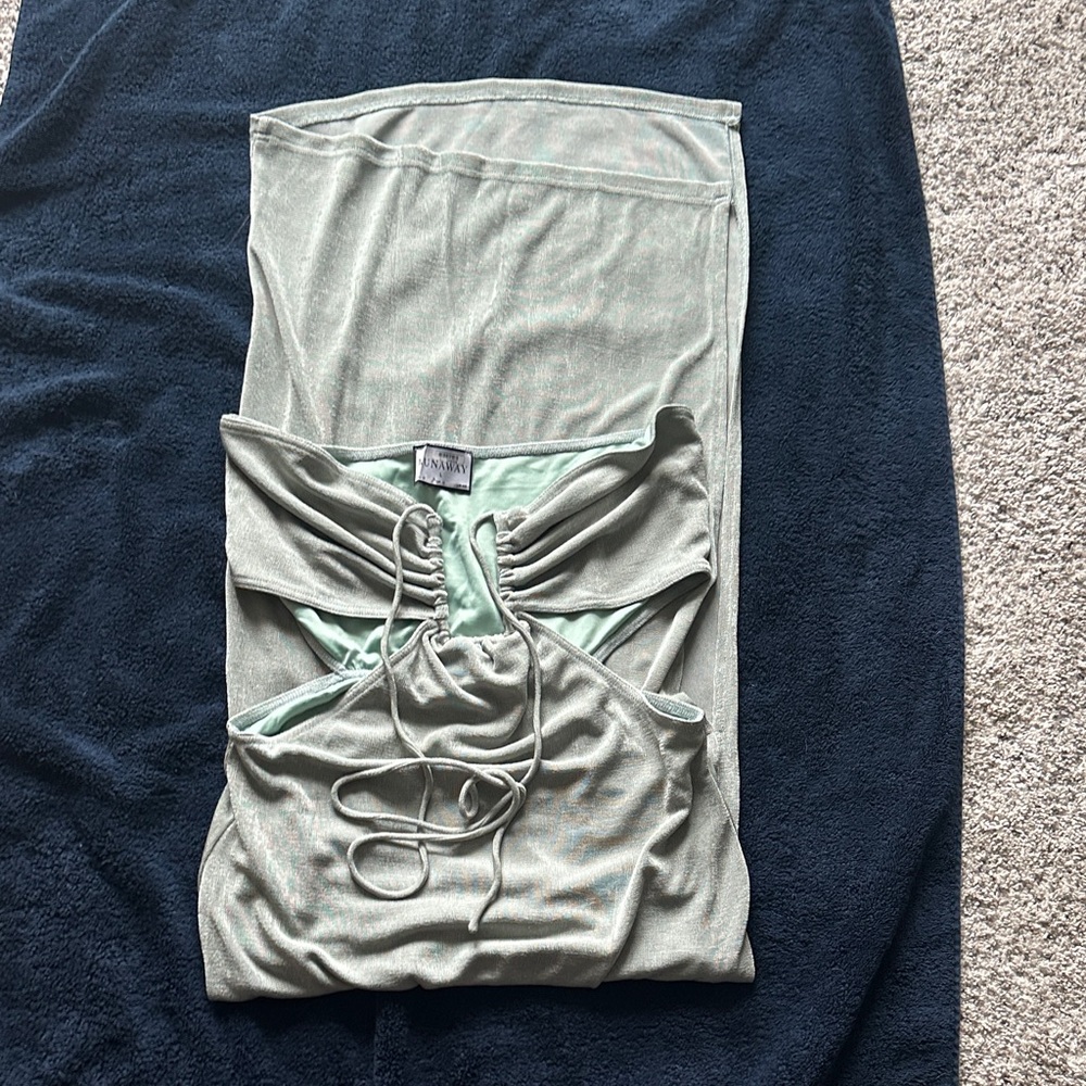 Runaway the Label Sage Green Ruched Dress- lined to knee and sheer below